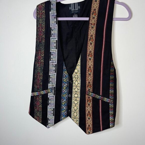 D D Designs Vintage Womens Vest Size Small Black Multi Tapestry Metallic Ribbon - Picture 10 of 12